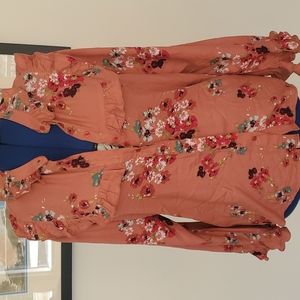 The Shirt Ruffled Front Shirt in Coral with Burgundy Flowers 